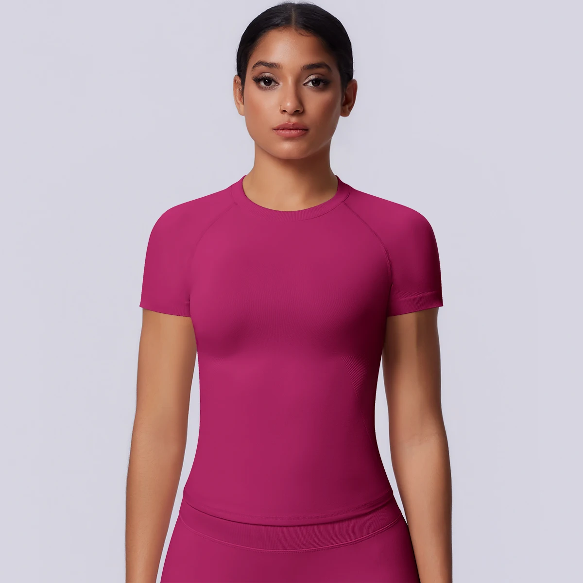 Slim Solid Color Yoga T-Shirt Woman Gym Sports Running Shirts Quick Drying Tight Seamless Running Top Customizable Logo