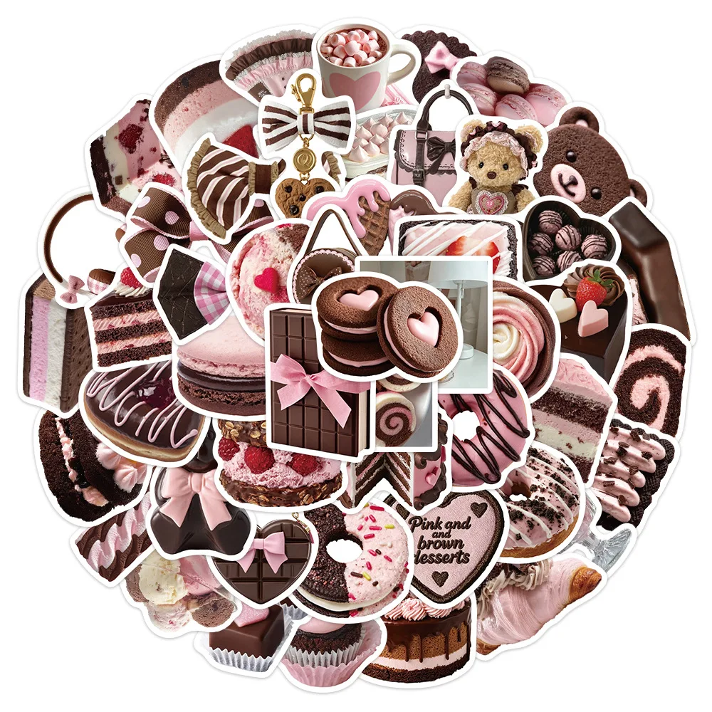 

50PCS Pink Brown Dessert Stickers INS Style Cute Korean Decoration Headphones Refrigerator Skateboard Phone Case Notebook Decals