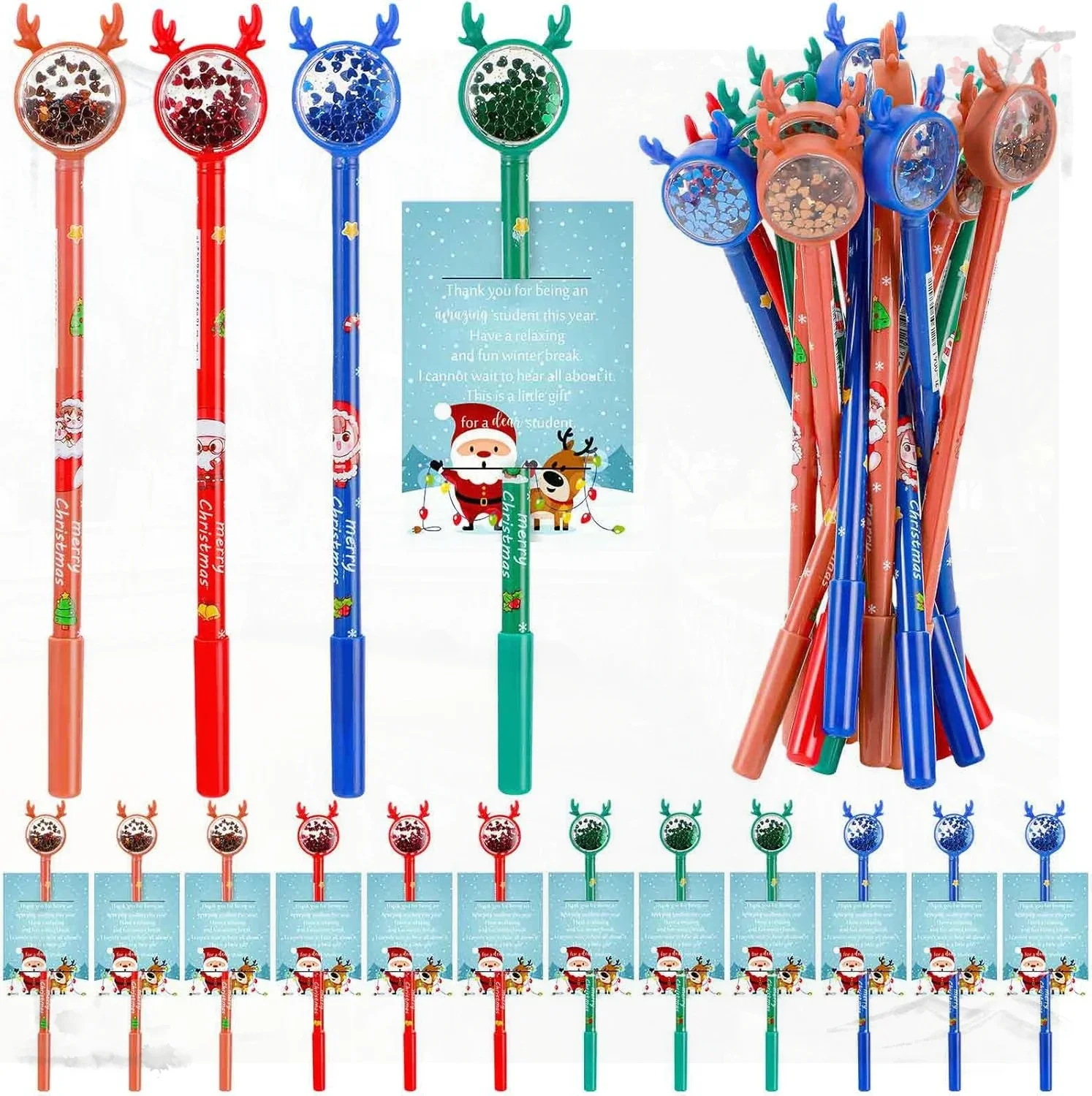 

24 Pcs Wholesale Sequin Gel Pens with Santa and Inspirational Cards, Ideal Christmas Gifts From Teacher for Students