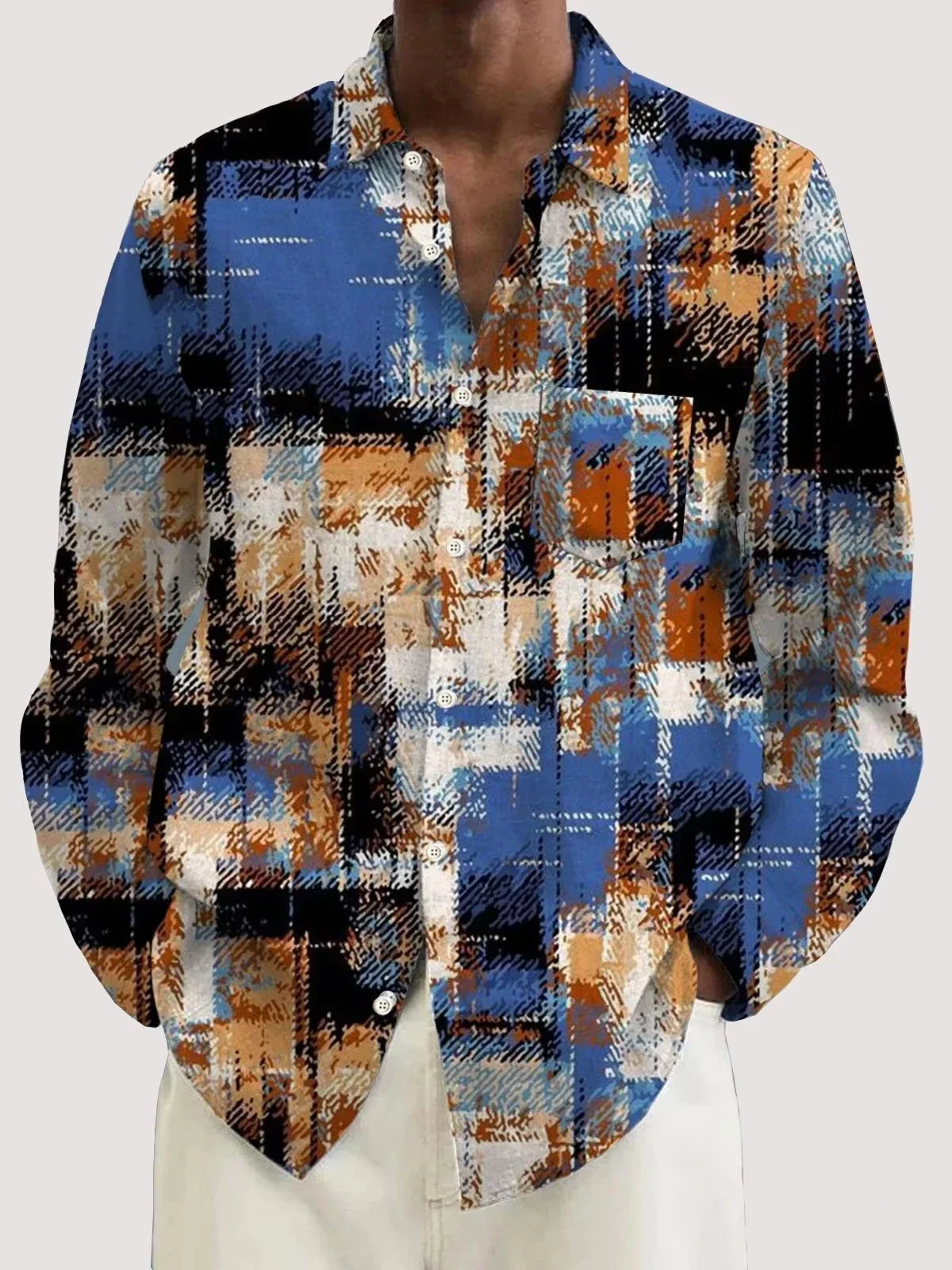 

Men's Retro Geometric Graffiti Shirt 3D Digital Printi Fashion Statement Plaid Shirt Retro Print Long Sleeve Button Lapel Luxury