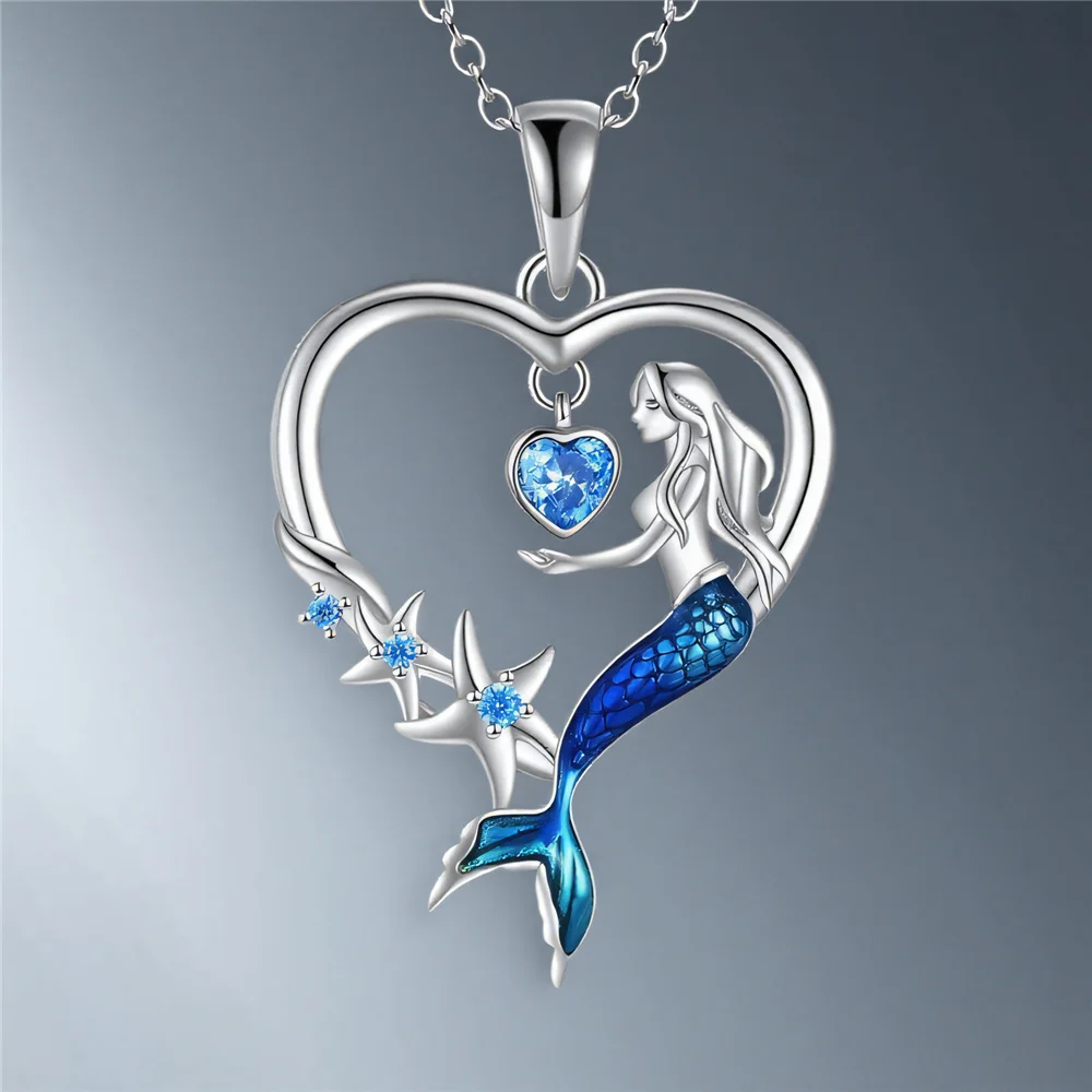 Luxus Weibliche Kristall Blau Zirkon Stein Herz Meerjungfrau Anhänger Halskette Vintage Silber Farbe Hochzeit Schmuck Für Frauen