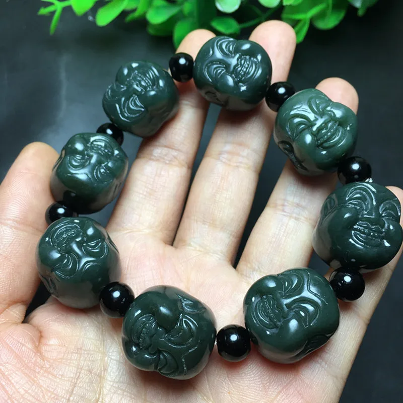Hotan Green Jade , Double-Sided Bracelet Men, Zen-Inspired Buddha Ornament