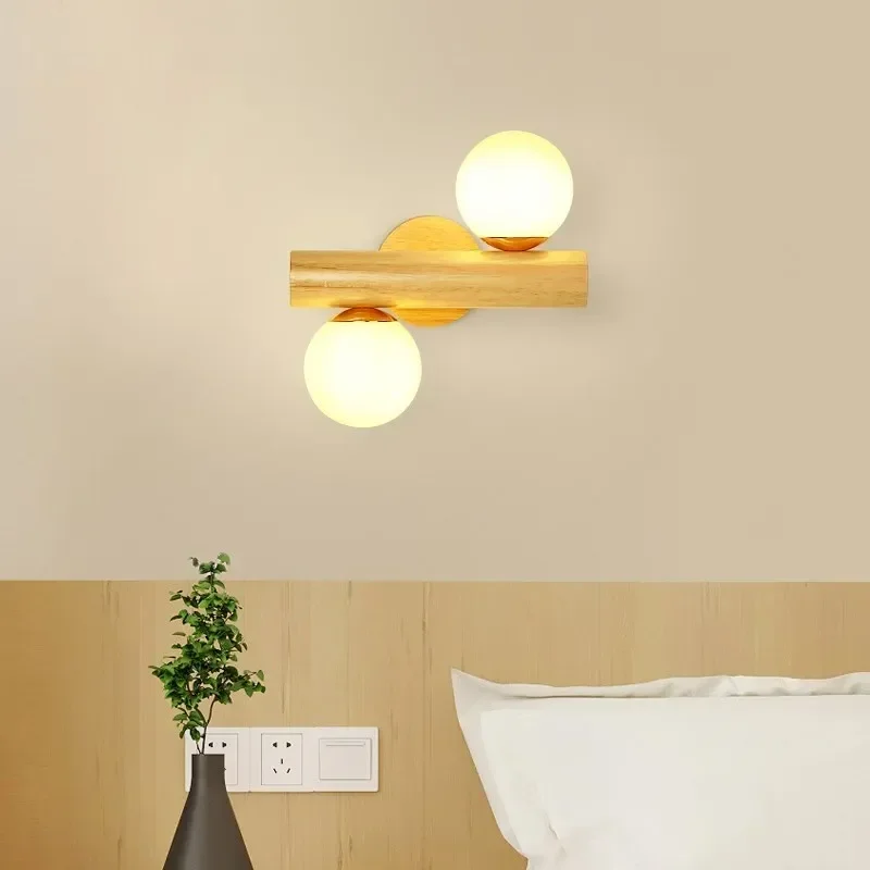 

Nordic Style Solid Wood Wall Lamp Creative White Glass Ball Net Red Lights with Rotating Modern Minimalist Bedroom Bedside Lamp