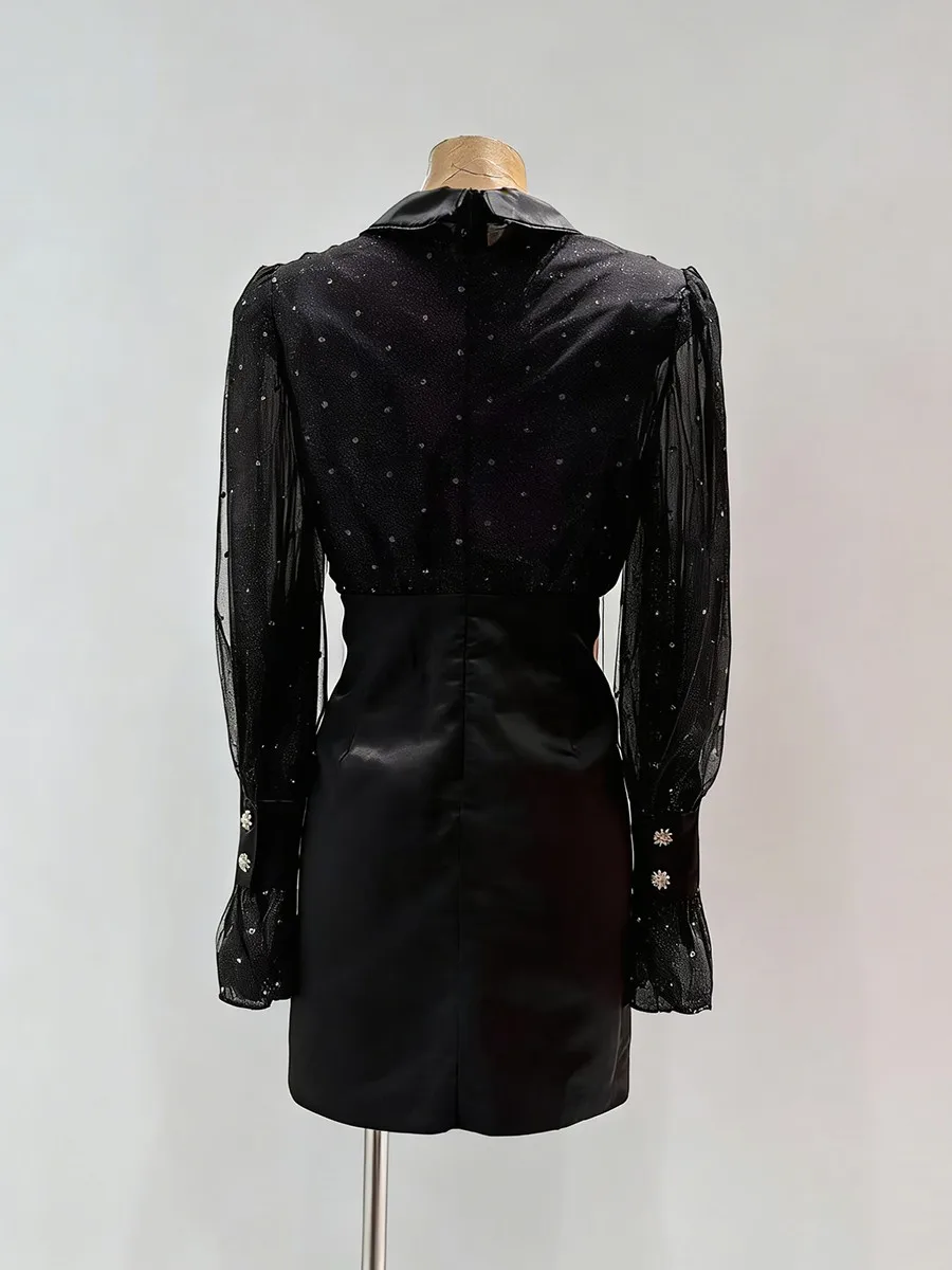 TWOTWINSTYLE Black Sheer Spliced Hot Fix Elegant Dresses for Women Lapel Long Sleeves Tunic Patchwork Buttons Dress Female New