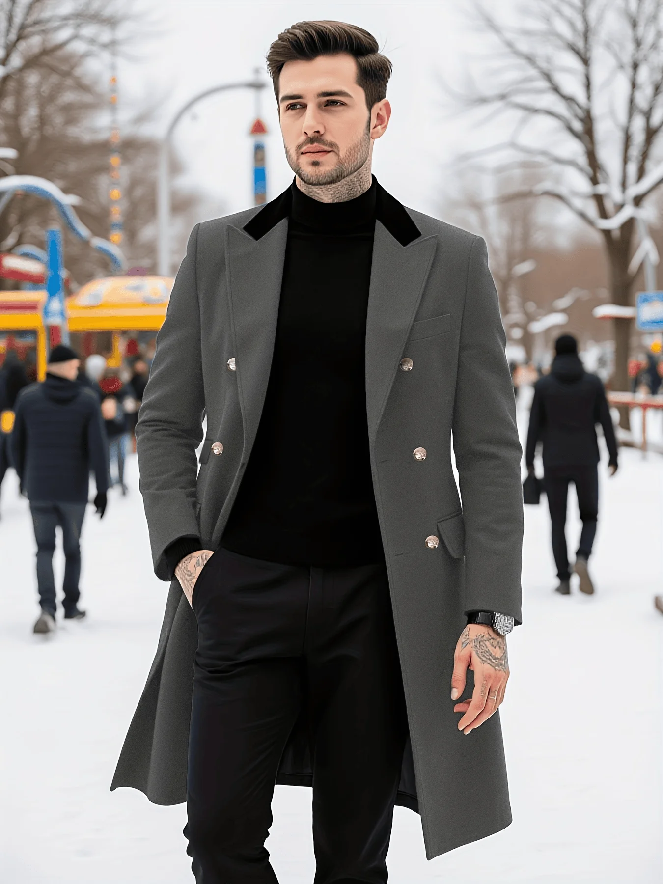 

Winter Fashion Men's Woolen Coat Trench Coat Thickened Warm Trench Coat Double-Breasted Trench For Outdoor Commute Windbreaker