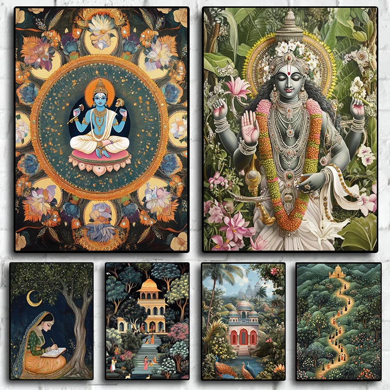 1pc frameless Canvas Painting Hindu God Spiritual Serene Forest Temple Scene Indian Nature&Wildlife Poster Canvas Painting Wall