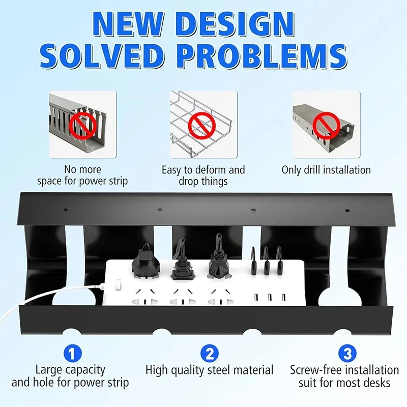 Under Desk Cable Management Cable Winder Tray Under Desk Power Strip Storage Rack Sockets Cord Holder No Drilling Sturdy Basket