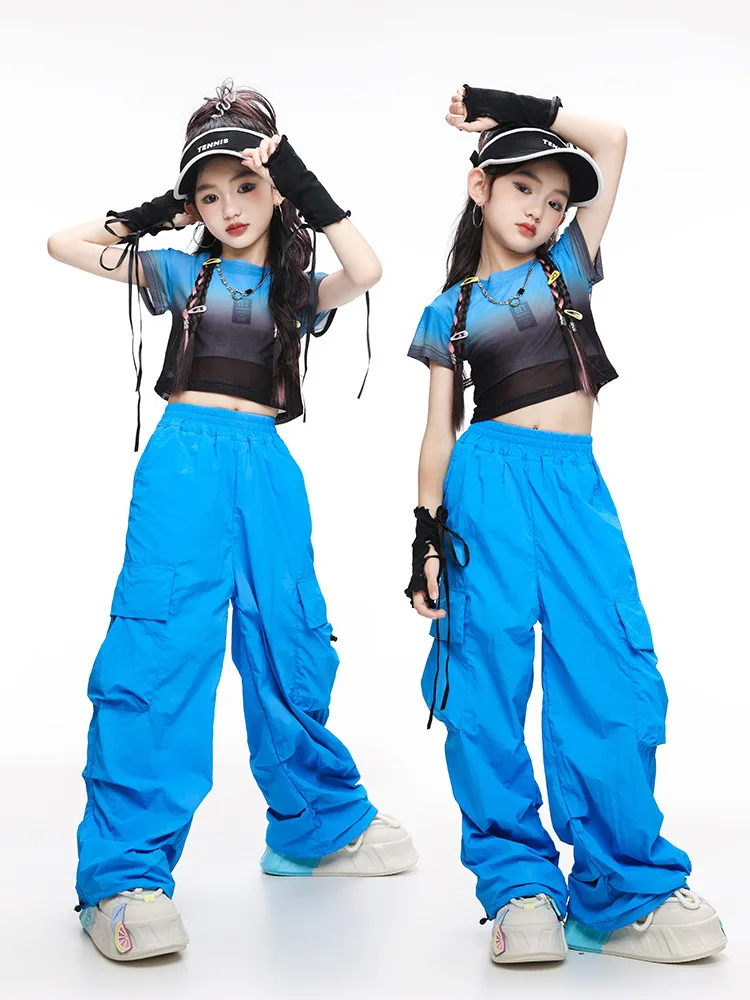 Jazz Dance Costumes Kids Streetwear Gradient Black Blue Crop Top Hip Hop Dancing Pants Model Show Outfit Street Dance Wear 3587