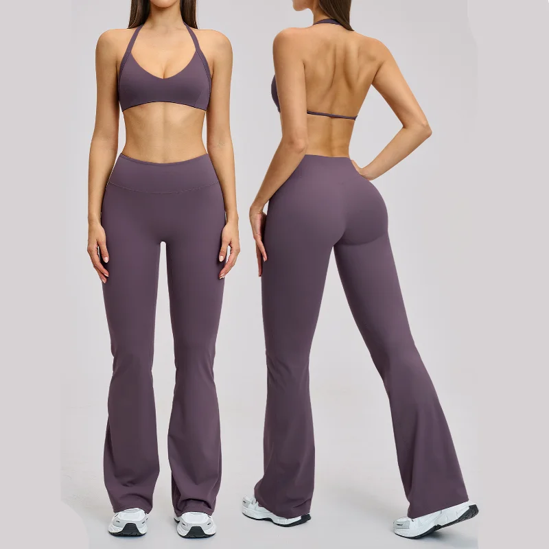 

Women's 2PCS Gym Yoga Suit Tight Fitting Sports Set Workout Breathable Top Bra Workout Underwear Crop Top Bell-bottoms Leggings