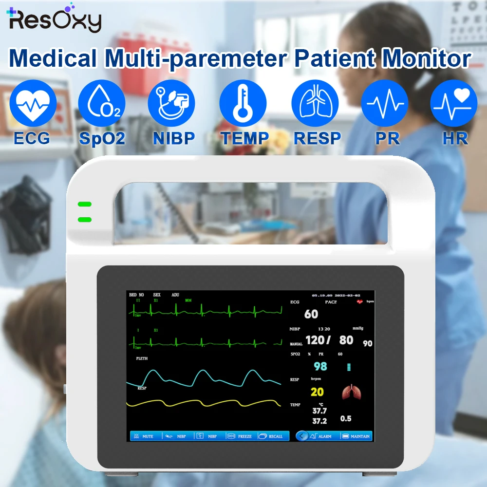 Monitor de Signos Vitales Portátil Resoxy, Monitor Médico Multiparamétrico con Pantalla Táctil, ECG, SpO2, para Clínica, Hospital y Ambulancia