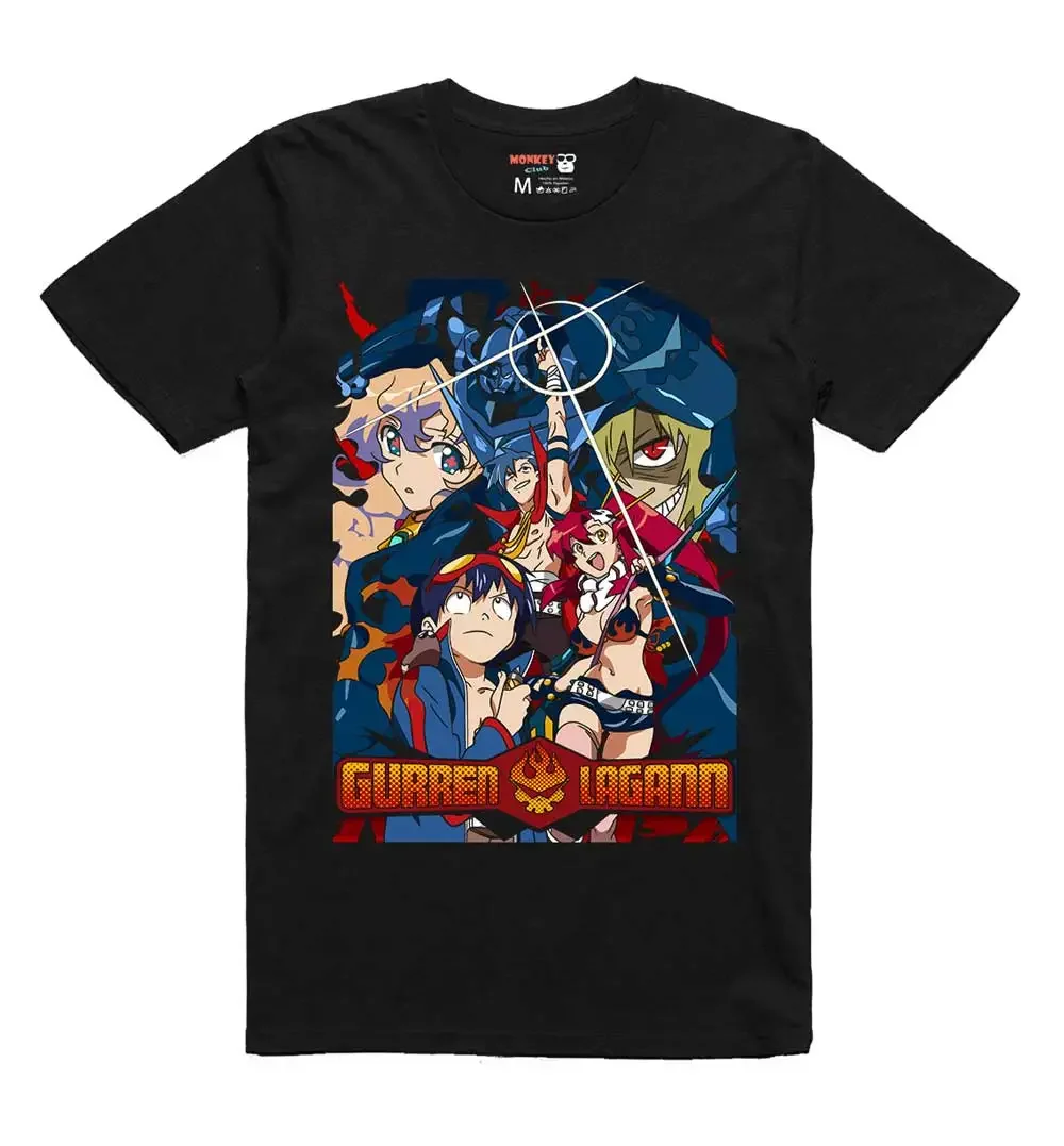 Gurren Lagann Mecha Anime T-shirt – Drill Core Robot with Red Eyes & “Super Galaxy” Battle Scene
