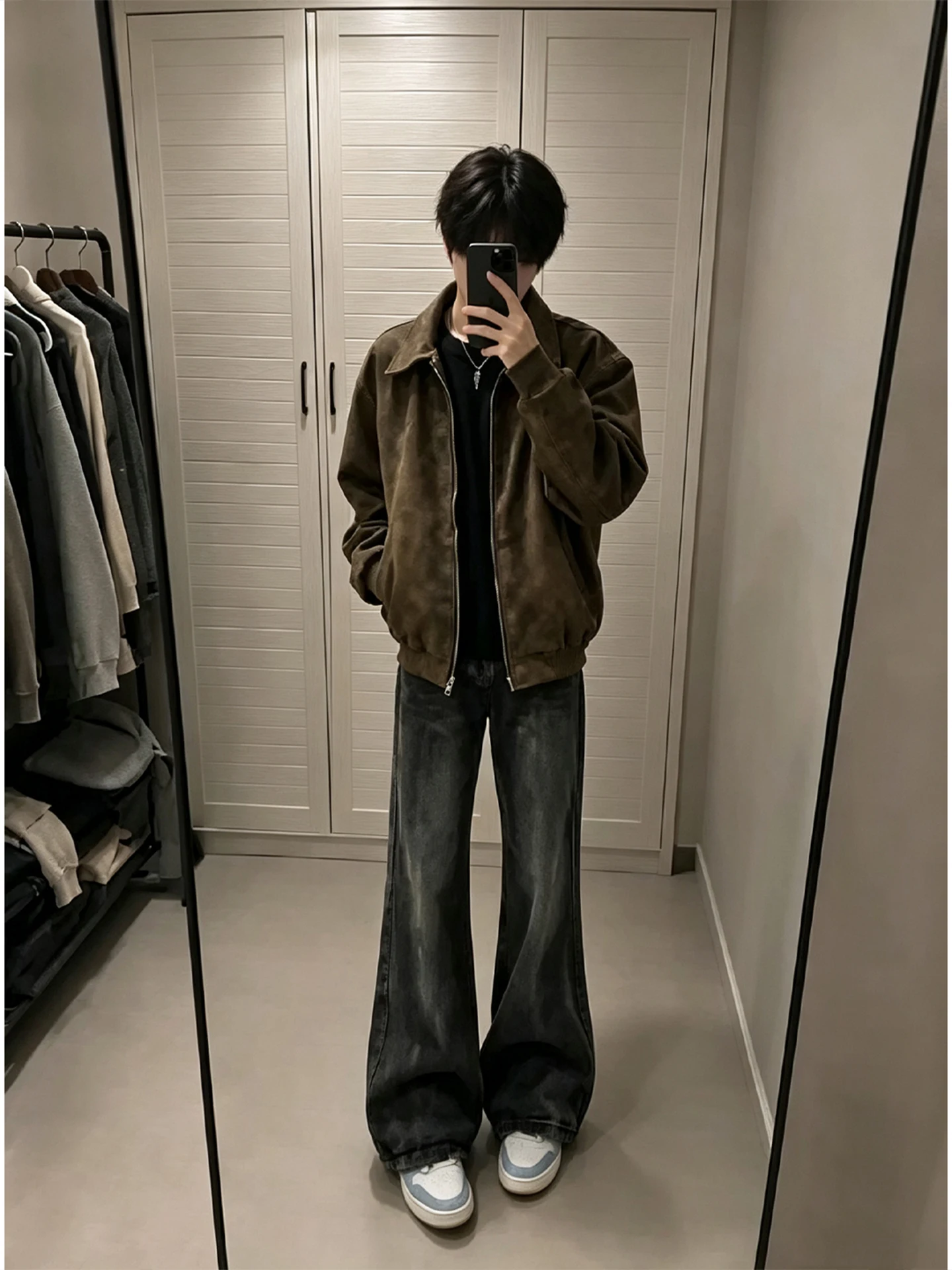 American High Street Vibe Men's Skinny Straight Leg Jeans Summer Clean Fit Narrow Version Lightning Pattern Black Grey