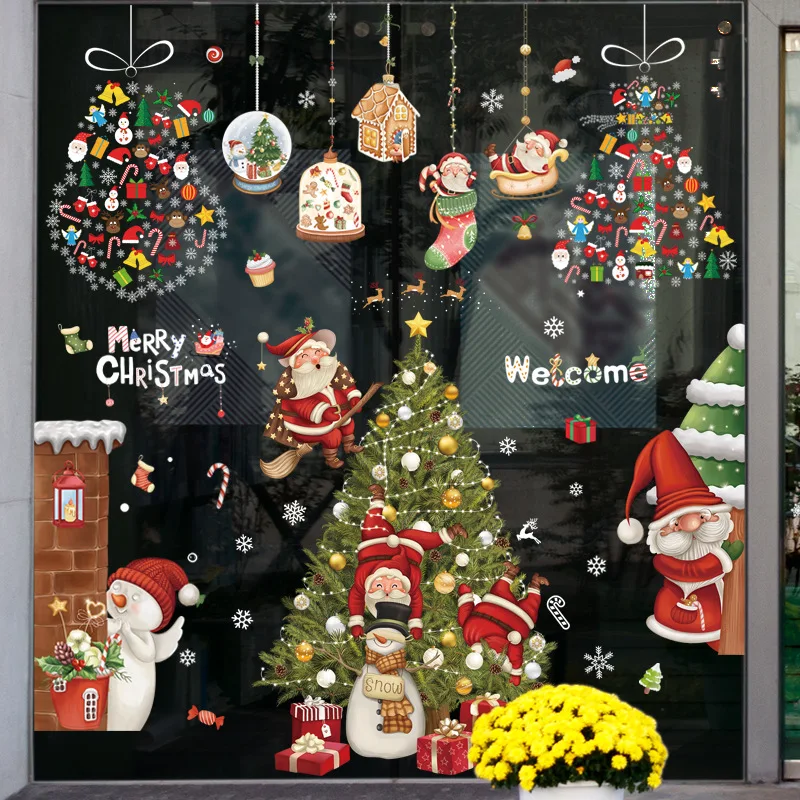 Christmas New Year Window Glass Stickers Santa Elk Snowflake Gift Pattern Wall Decals Holiday Home Decor
