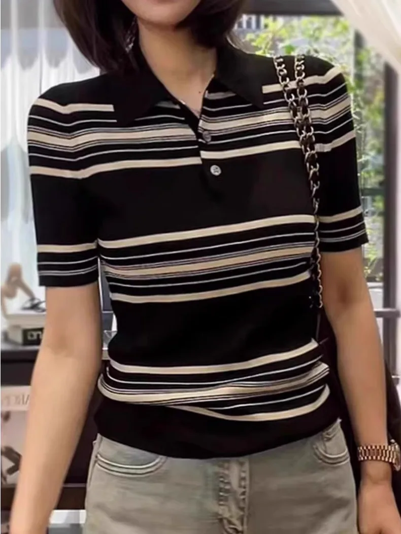 التخسيس فضفاضة تناسب المرأة Ne مخطط ort Sve محبوك تي شيرت الصيف Faion مكافحة الشيخوخة الكورية Sle ملابس داخلية