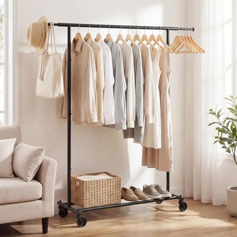 

Mobile Garment Rack with Extendable Rods Heavy-Duty Metal Clothes Stand on Wheels