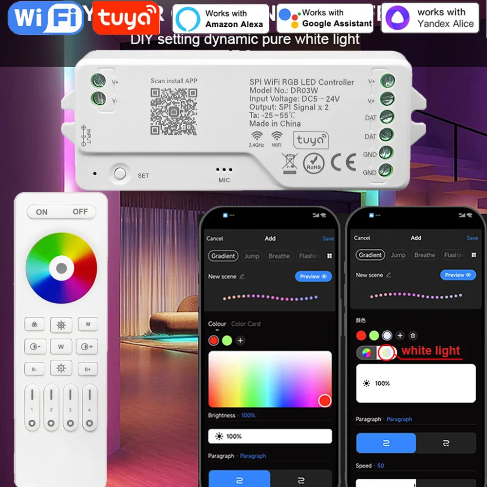 WS2811 WS2812B WK6812 Tuya WiFi Addressable LED Controller  SPI RGBWIC RGBIC LED Strip Dimmer