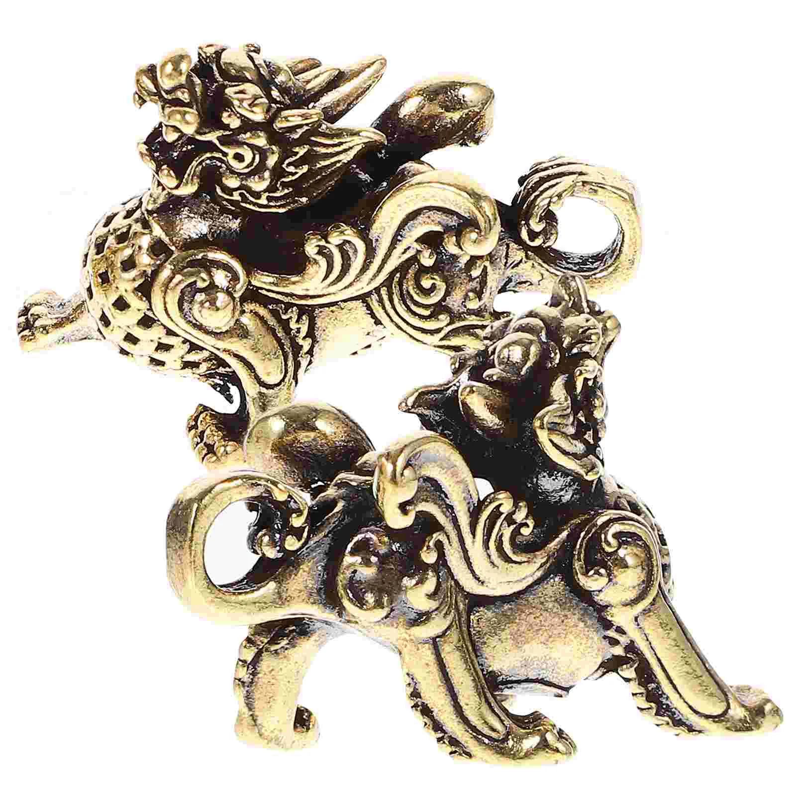 2 Pcs Unicorn Ornament Kylin Adornments Vintage Ornaments Necklace Auspicious Crafts Brass Tabletop Feng Shui Office for