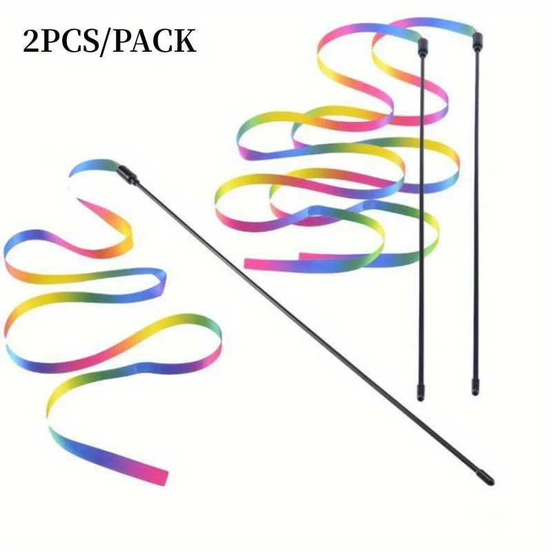 2pcs Interactive Cat Toys Teasing Catd Stick Funny Rainbow Strips Cat Stick Toys Kitten Playing Teaser Wand Toy Pet Supplies