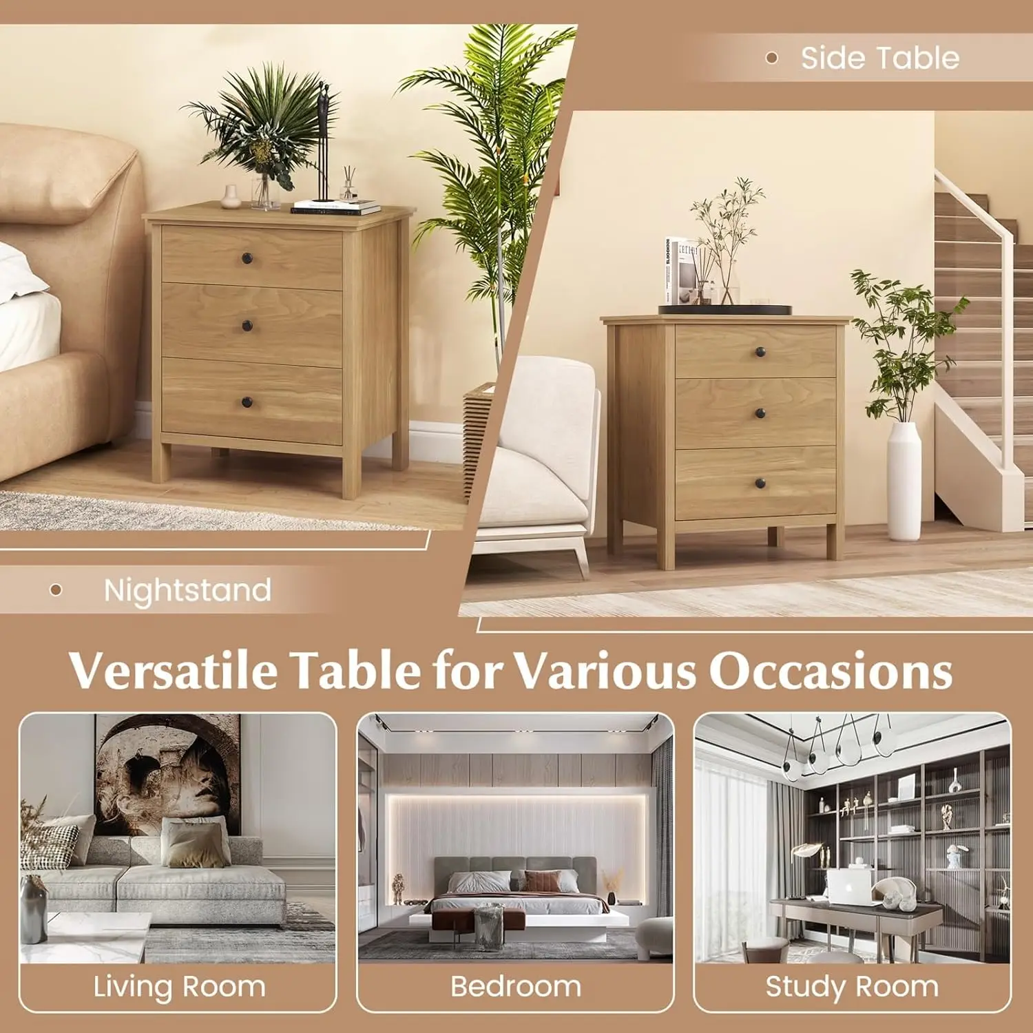 Nightstand with 3 Drawers, Wooden Bedside Table, Natural