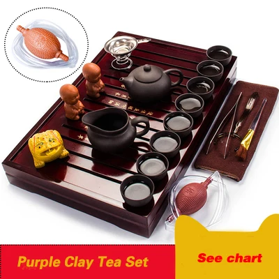 

Ceramic Purple Clay Tea Set Kung Fu Pot Infuser Solid Wood Tea Tray Teapot Teacups Drinkware Chinese Gaiwan High-grade