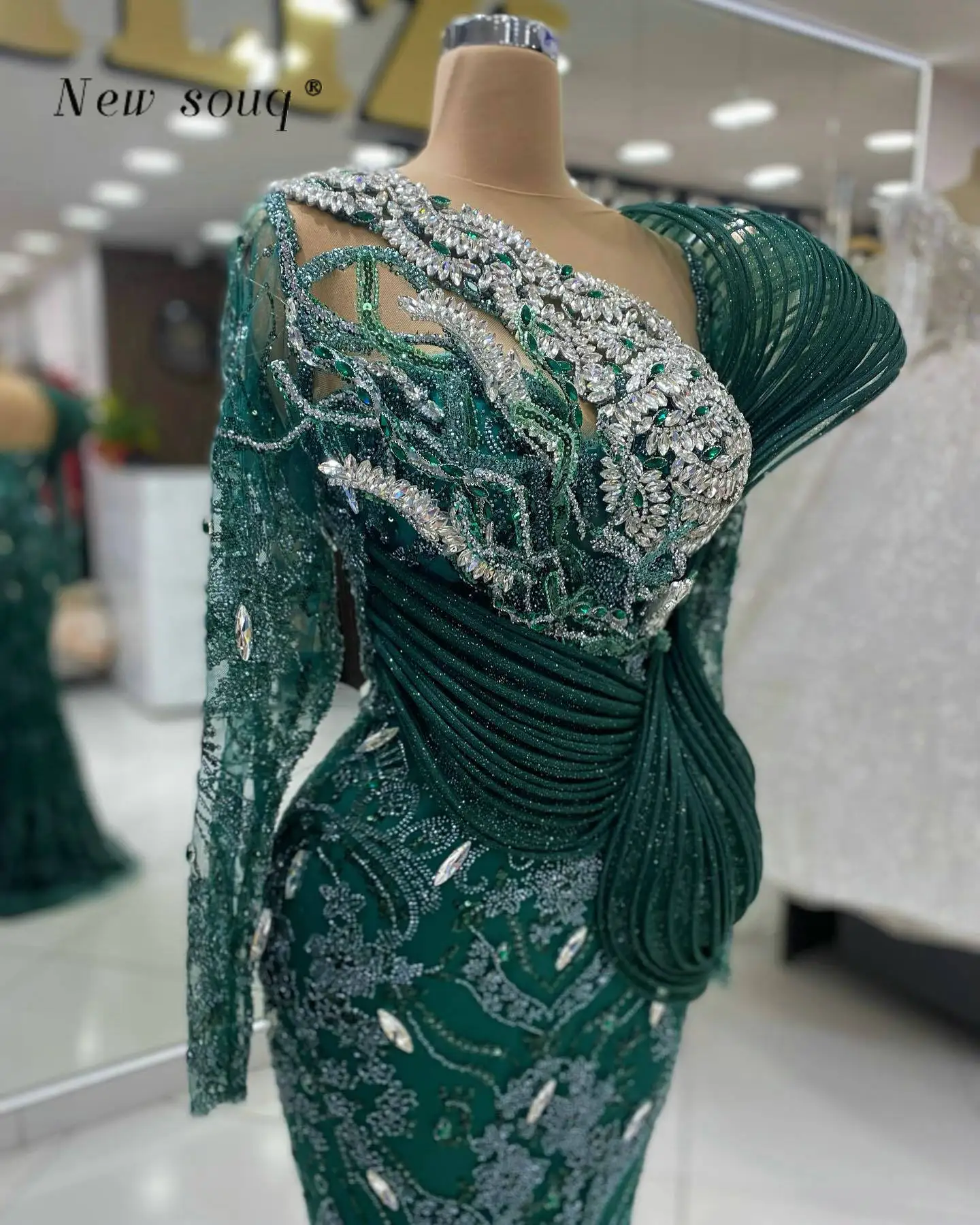 Customized Dark Green Long Sleeves Mermaid Evening Dresses Aso Ebi Crystals Beaded Celebrity Party Gowns Formal Prom Vestidos