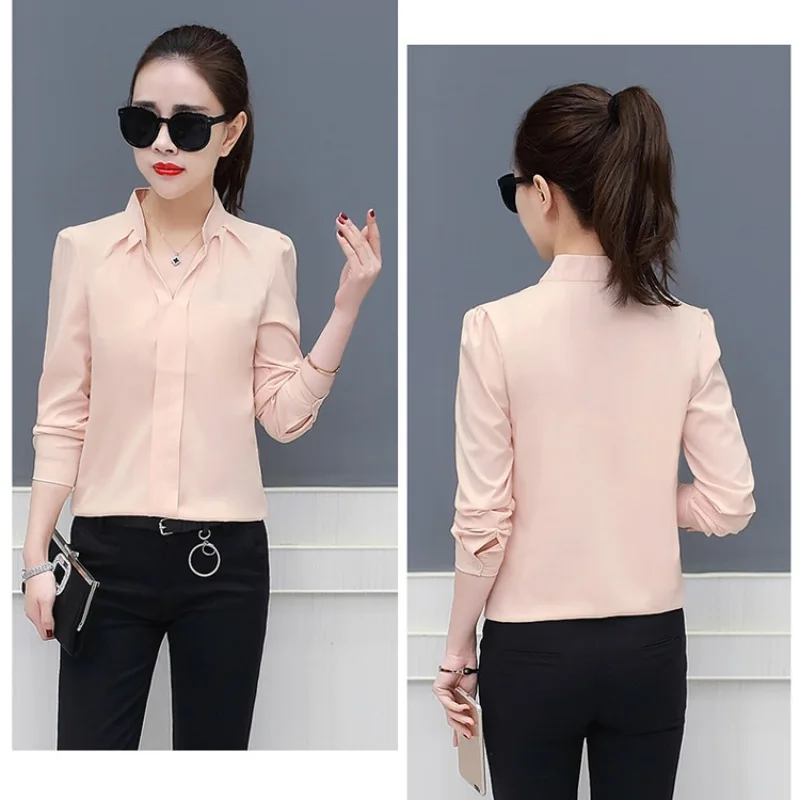 Autumn Spring Fashion Sexy V-Neck Shirt Women OL Formal Long Sleeve Chiffon Blouse M-2XL