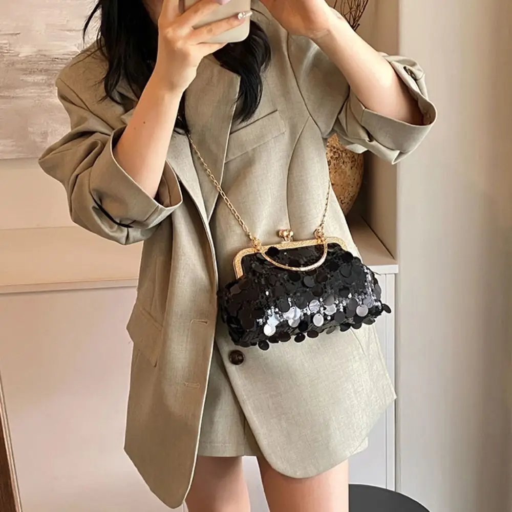 Elegant Shiny Evening Banquet Bag Glitter Lock Buckle Chain Crossbody Bag Korean Style with Round Handle Shell Bag Ladies