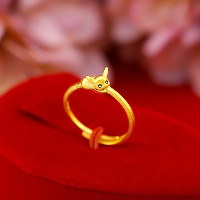 Pokemon Cute Pikachu Ring Lightning Traditional Sand Gold Ancient Method Open Adjustable Ring Girlfriends Finger Accessories