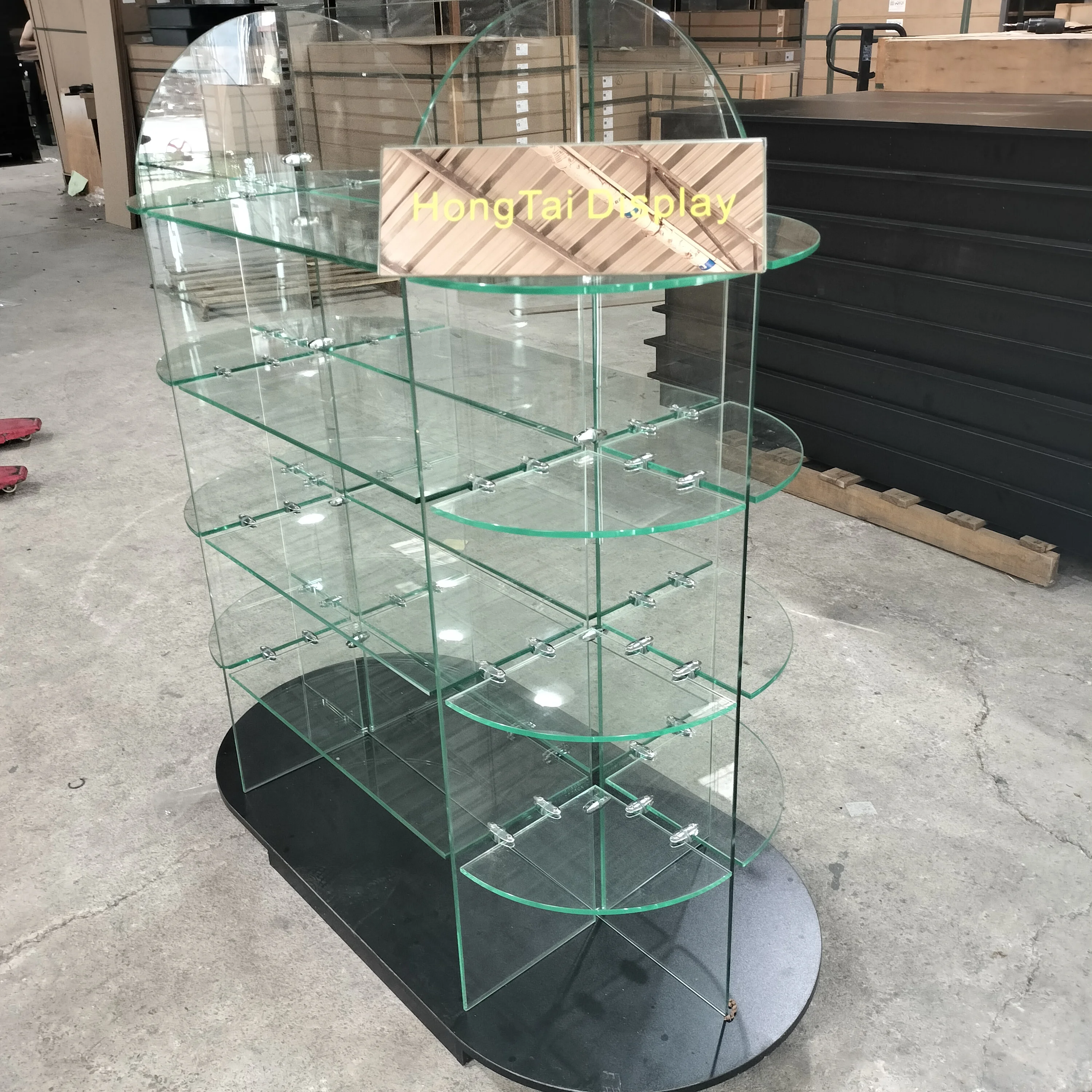 Etalase Kaca Temper Custom.Curved Extra Vision untuk Butik, Meja Pajang Kaca, Etalase Ritel