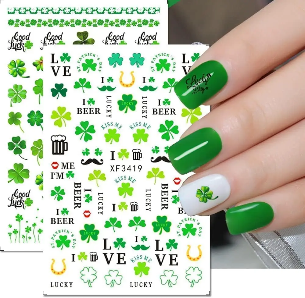 12Pcs/Set Disney Minnie Cartoon Nail Art Stickers Green Mickey Shamrock Kids Anime Nail Decals Kawaii Girls Manicure Sliders Dis