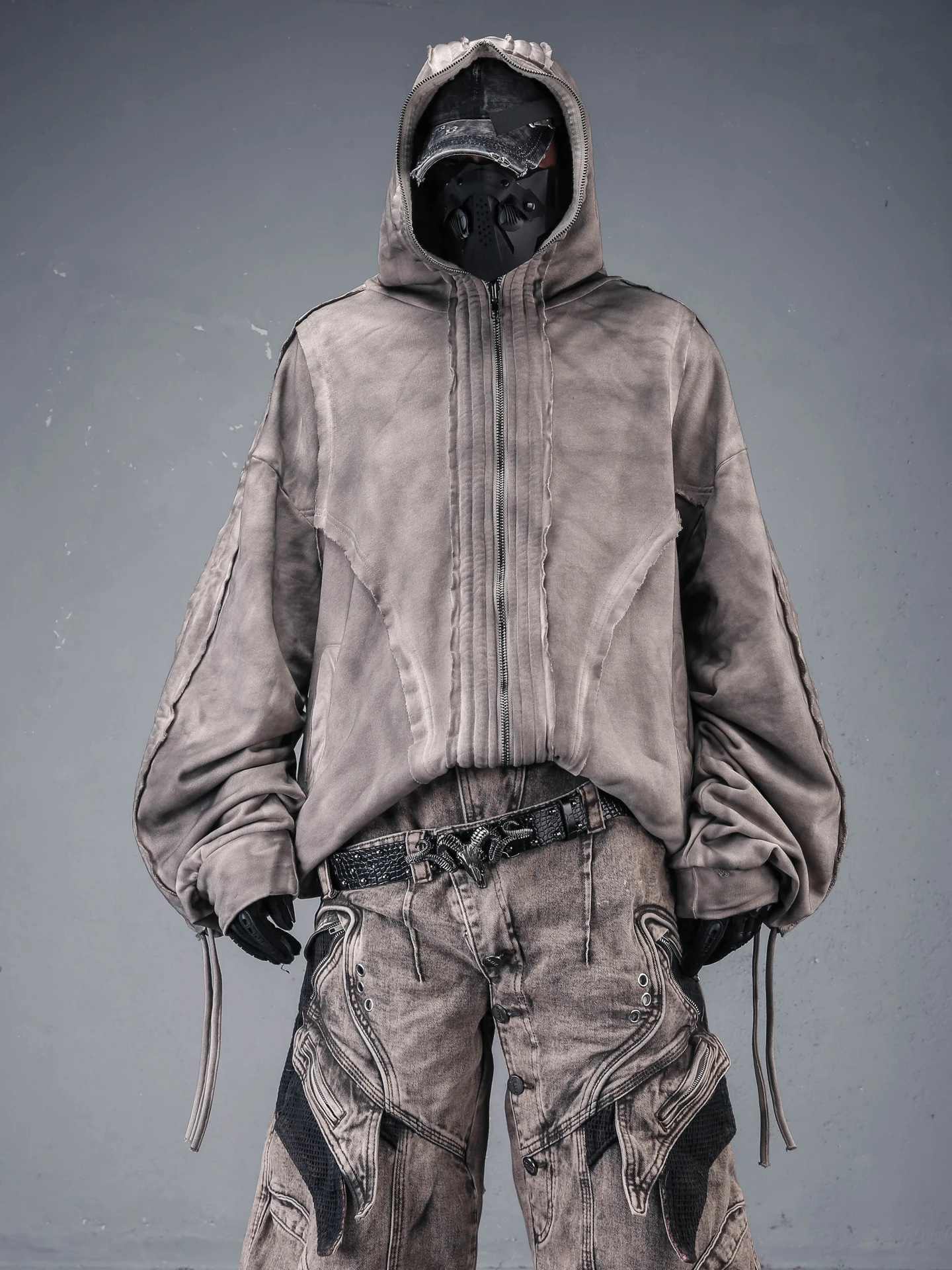 Washed out Desert Style Men's Hoodie Full Zip Face Cover Design Loose Outerwear Trendy Long Sleeve Cotton Breathable Casual S...
