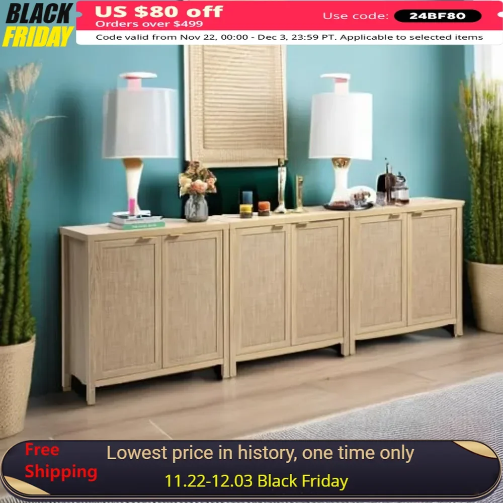 

Sideboard Buffet Cabinet - Coffee Bar Cabinet with Storage Rattan Decorated Doors - 3 Pieces Farmhouse Kitchen Storage Cabinets