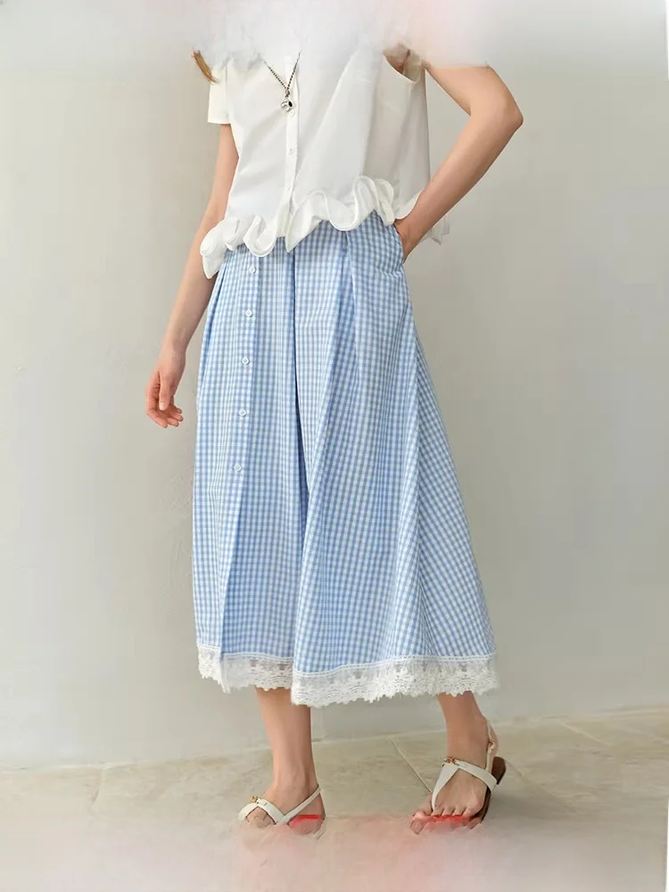 

Женская юбка больших размеров в сине-белую клетку от Duxu: модная летняя новинка, идеально подходит для фигуры типа «груша»