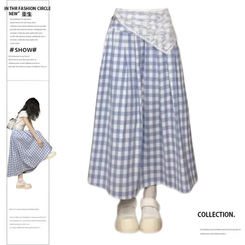 

Large Size Plaid A-line Half-body Skirt Women Summer Korean High Waist Slim Fashion Long Skirt Literary Retro Girl Bustier Skirt