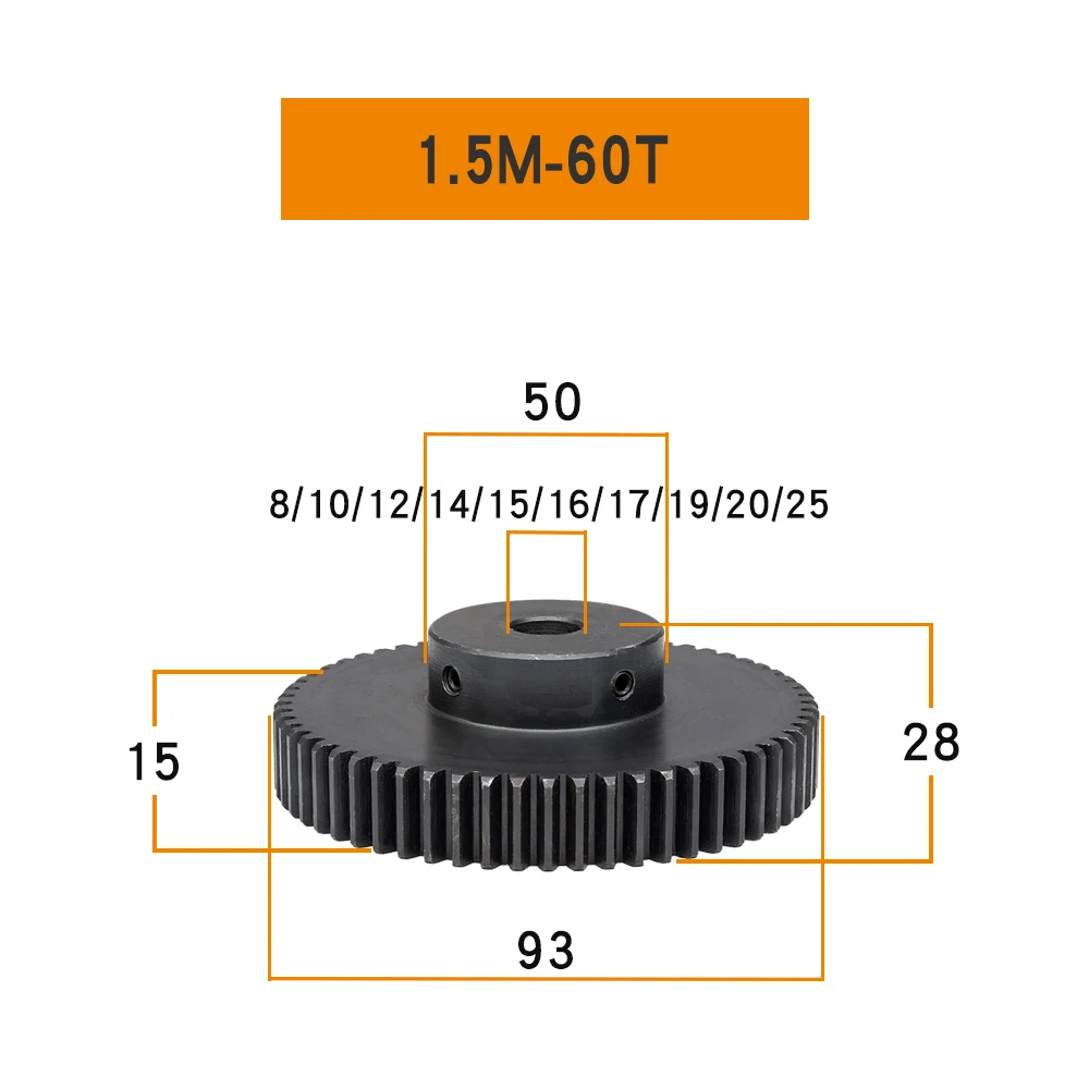 Imagem -02 - Metal Gear Bore Tamanho 10 12 14 15 16 17 19 20 25 mm Transmissão Engrenagem Enegrecimento Sc45 Aço Carbono Dentes Altura 15 mm 1.5 M60t