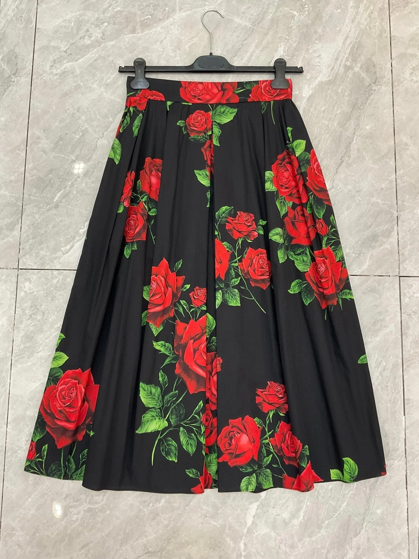 Women's Silk Blouse Cotton Maxi Skirt Set Red Rose Floral Print Elegant Summer Two Piece Outfit