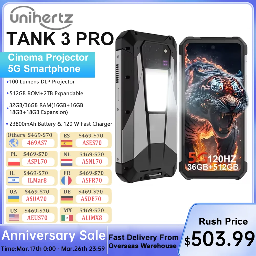 Unihertz Tank 3 Pro 8849 Rugged 5G Smartphone Android with 100 Lumens Projector 32GB 512GB 23800mAh 6.79