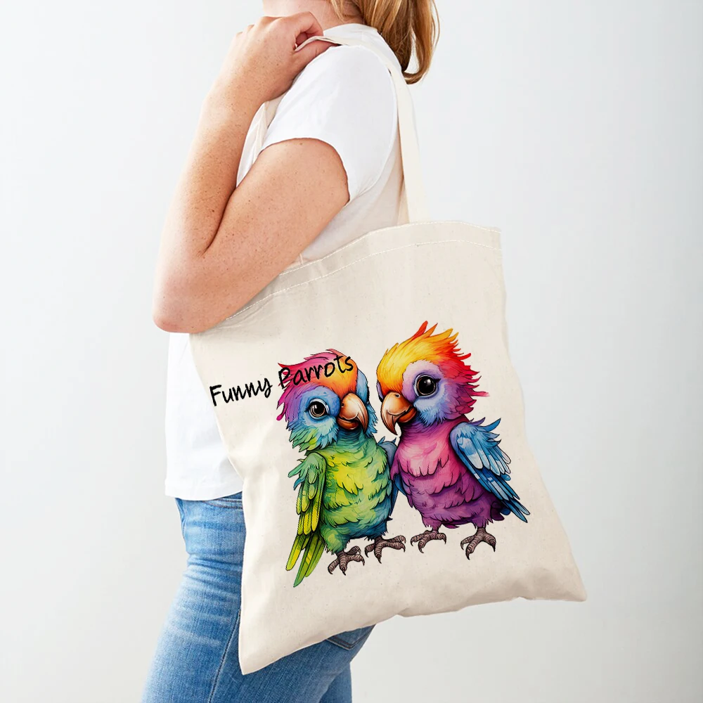 Double Print Funny Parrot Women Shopper Bag Casual  Child Gift Girl Travel Handbag Cute Cartoon Bird Animal Lady Shopping Bags