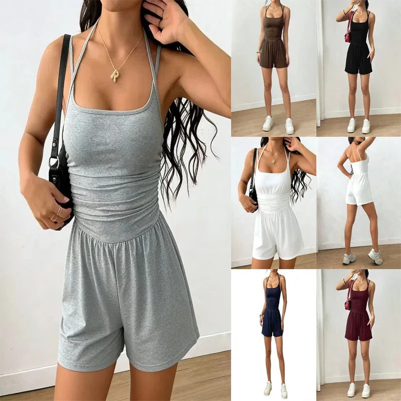 

New Women's Solid Color Sleeveless High Waist Jumpsuit Casual Chest Wrap Vest for Europe The United States 2XL Size Casual Cozy