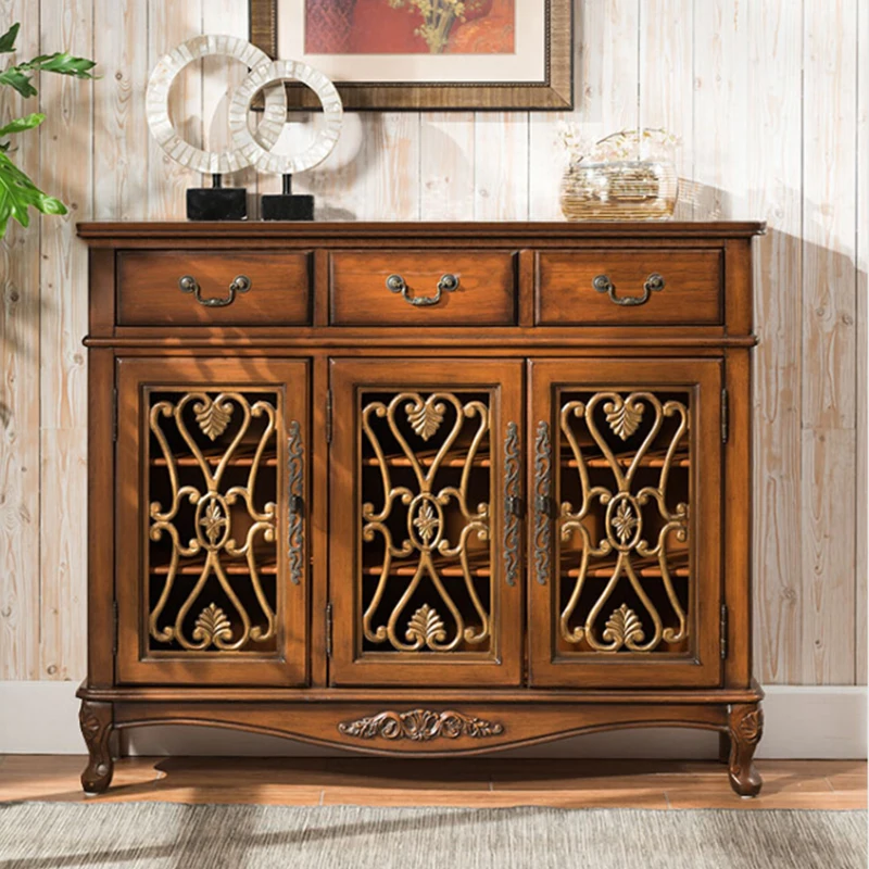 

American European rural retro solid wood hollow shoe cabinet, multi-layer shoe rack antique locker