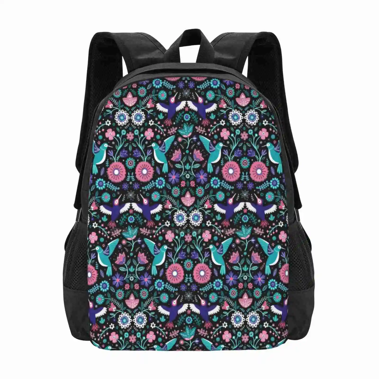 Hummingbird Garden 2 Hot Sale Schoolbag Backpack Fashion Bags Hummingbird Blue Purple Pink Floral Flower Folk Black Symmetry