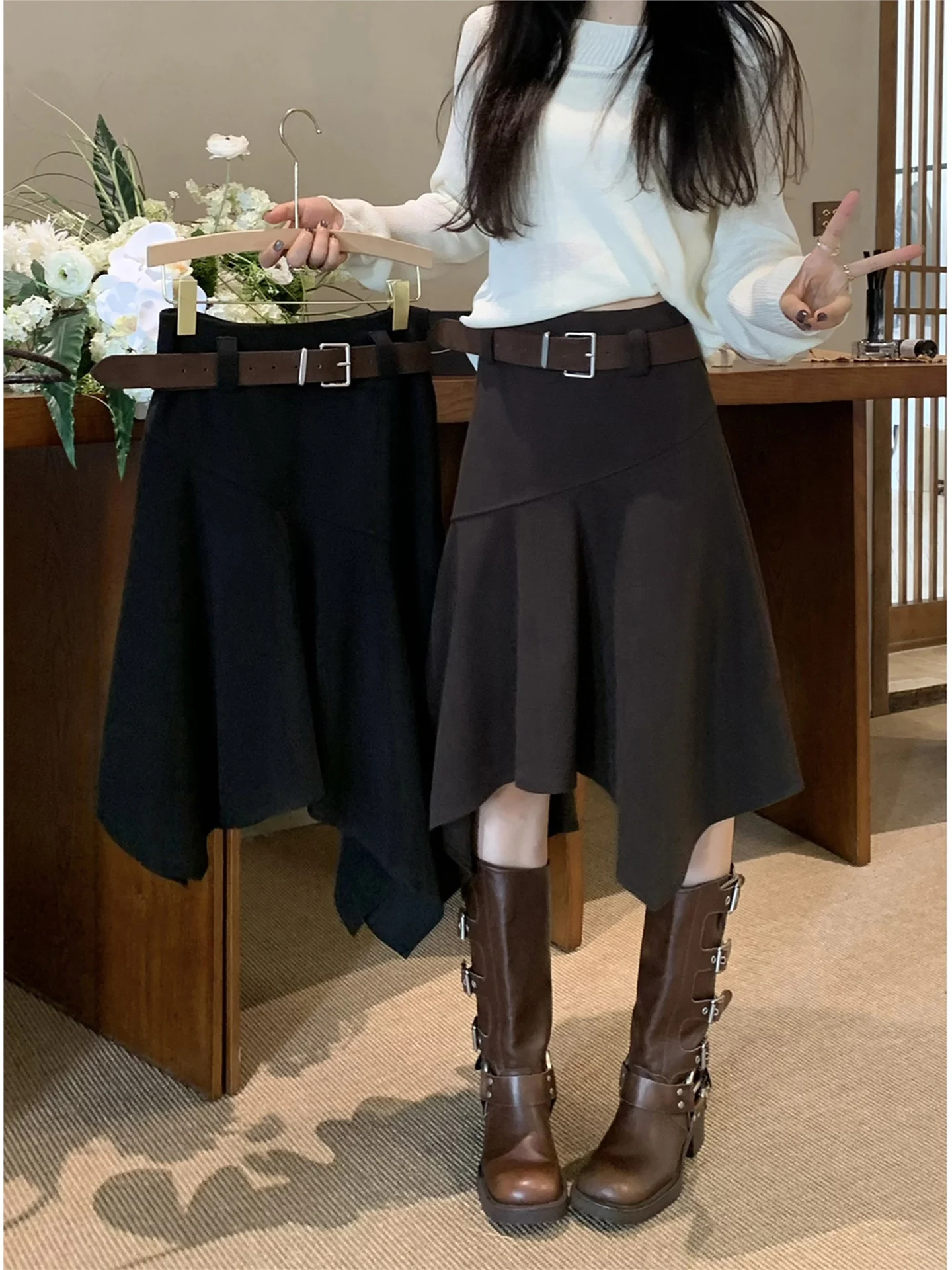 High Waist A-Line Midi Skirt Women's Autumn Winter Loose Chic Brown Tweed Asymmetrical Hemline Fashionable Commute Style