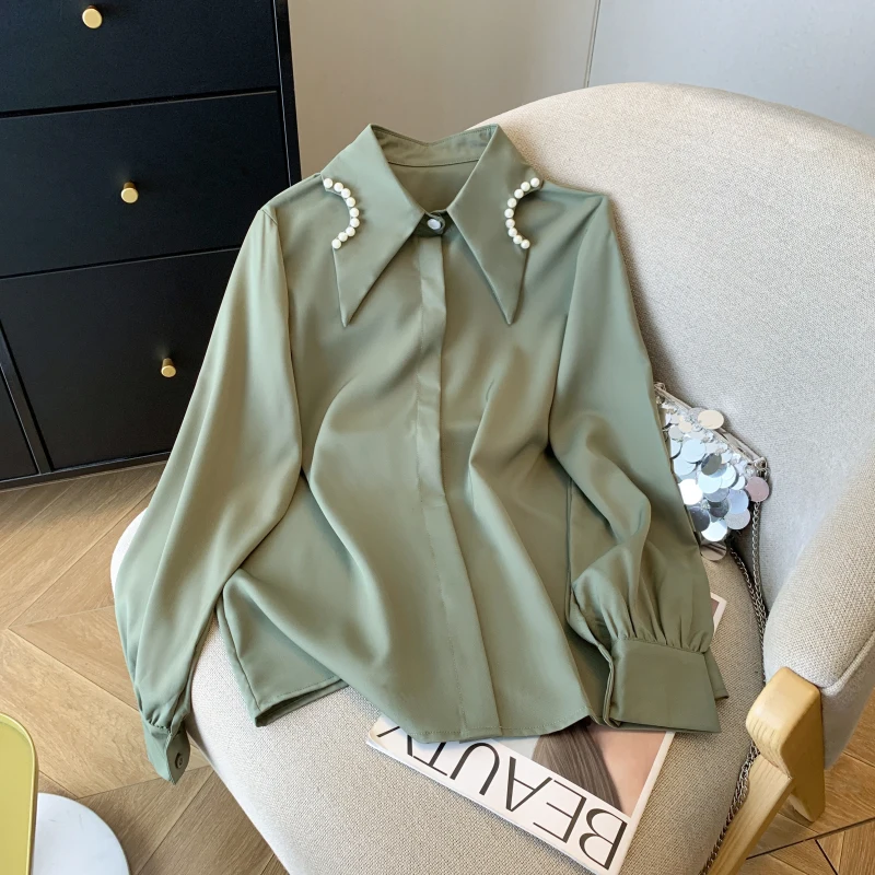 

Spring 2026 Pearl Collar Long Sve Chiffon Women's irt Korean Sle Straight Cut Faion Design Unique Small ence