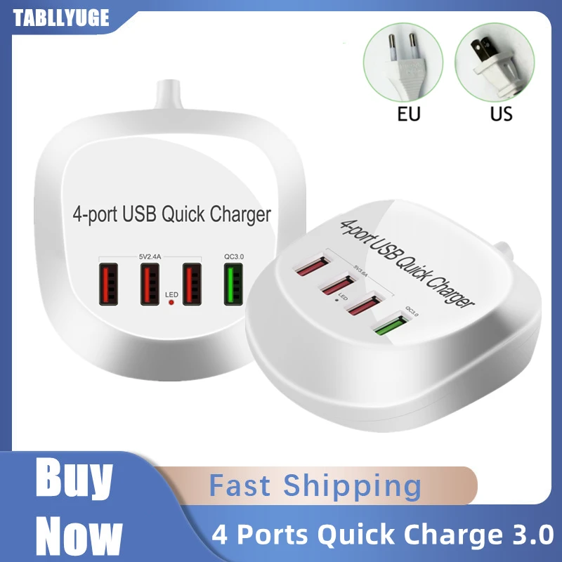 

EU/US Plug USB Charger Quick Charge 3.0 For Phone Adapter for iPhone 12 Pro Max 4Ports Portable Wall Mobile Charger Fast Charger