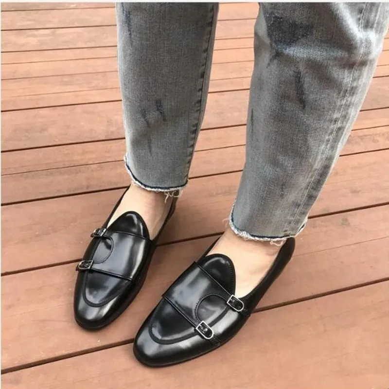 Men Monk Loafers Genuine Leather Slip on Double Buckle Mens Casual Shoes Mens Flats