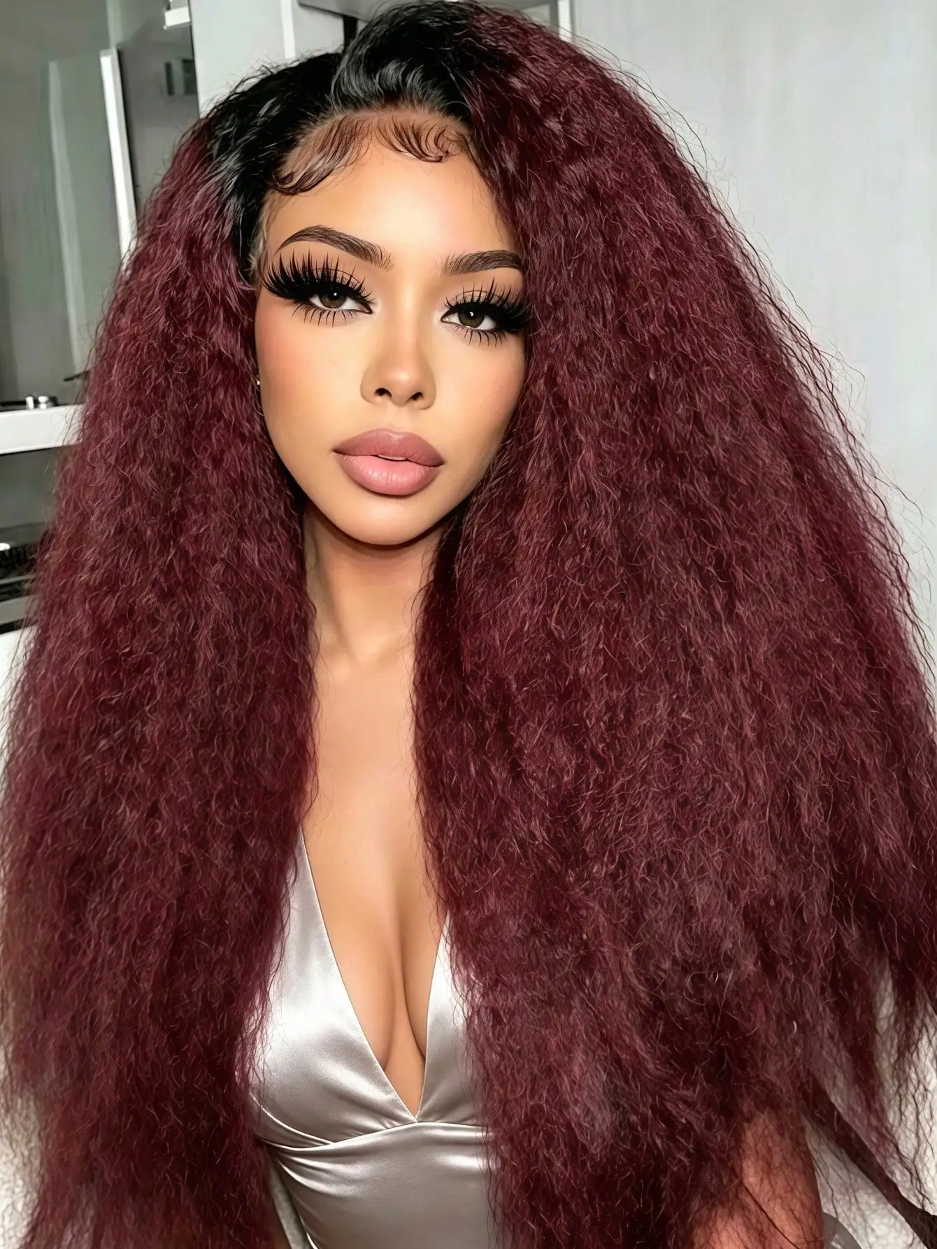 

Парик Ombre 99J 200% Yaki Straight 13x4 HD с прозрачной кружевной передней частью для женщин, 1B/99J, прямой, предварительно выщипанный, без клея