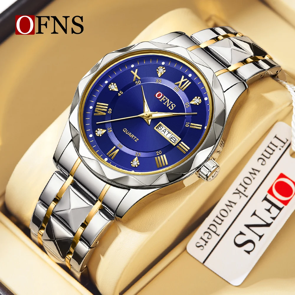 OFNS 7108 Luxury Fashion Men's Quartz Watch Double Calendar with Diamond Inlaid Waterproof Luminous Men's Quartz Watch 2025