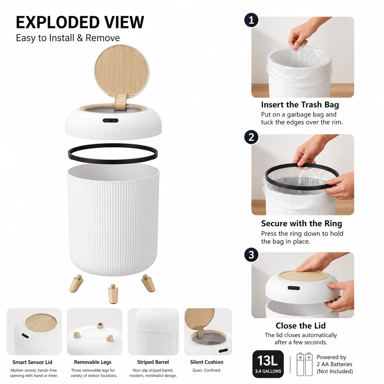 Smart Motion Sensor Trash Can with Lid, Automatic Touchless Garbage Bin, Quiet Close, Odor Control, Water-Resistant Waste Bin for Bathroom, Bedroom, Kitchen