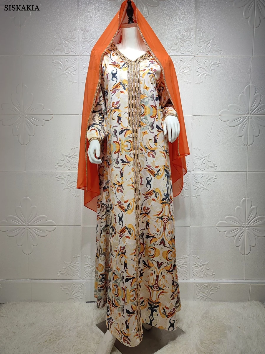 Siskakia Muslim Abayas Uae Dubai Chic Ethnic Printing Tape Trim Full Sleeve V-Neck Elegant Casual Kaftan Dresses Womens Dubai
