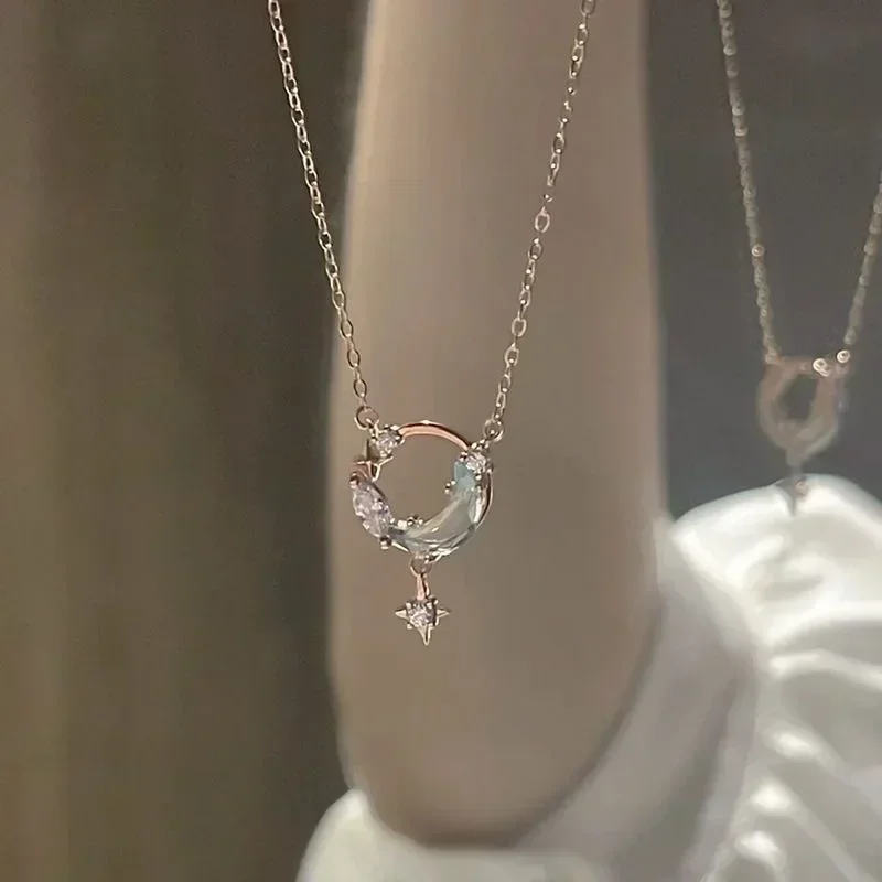 Korea Crystal Moon Star Chokers Necklace Colorful Glazed Stone Pendant Necklaces for Women Neck Chain Fashion Jewelry Gifts